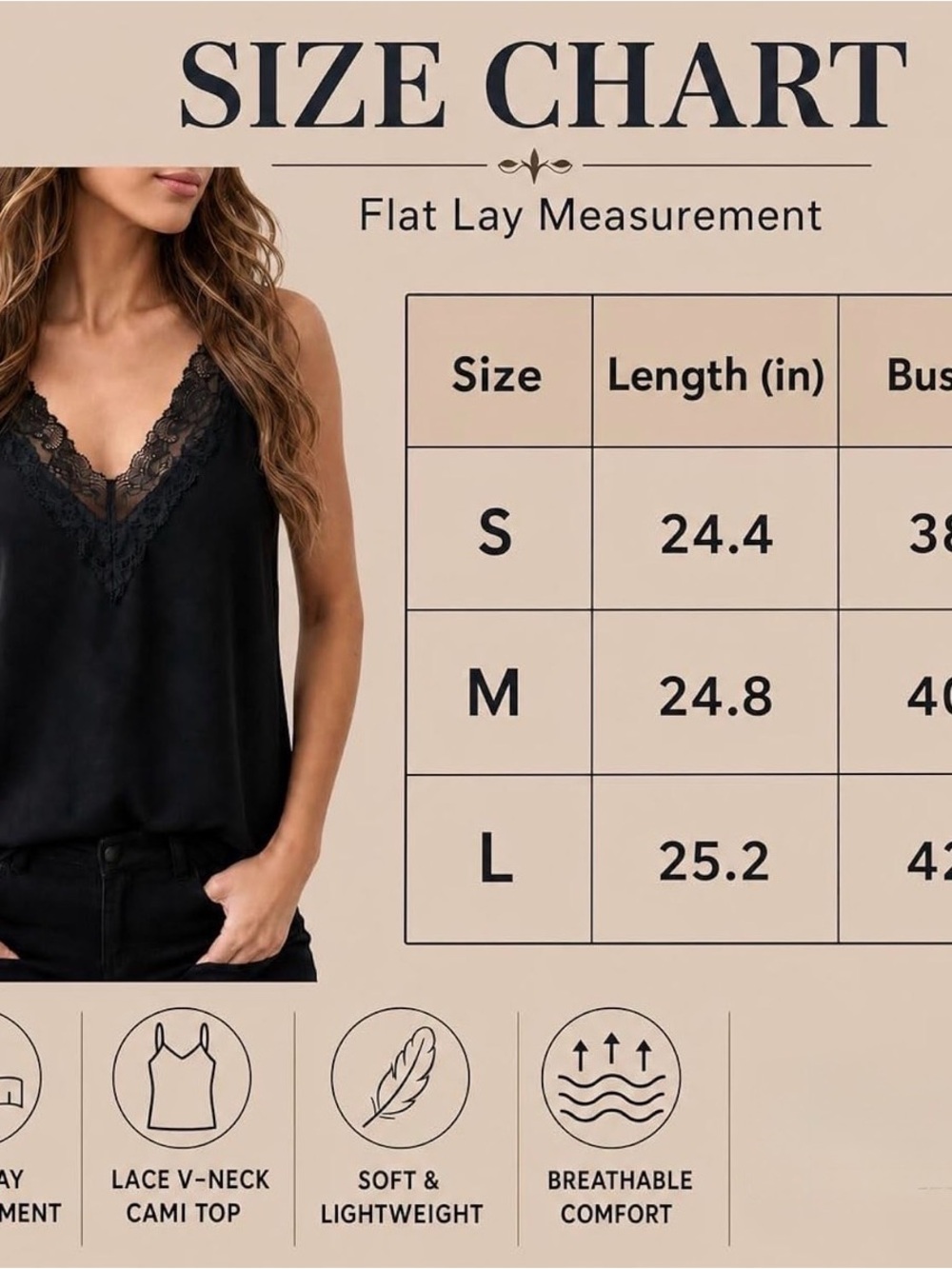 Women's Lace Trim V-Neck Sleeveless Tank Top, Casual Layering Top, Size L *NWOT* - Picture 5 of 5